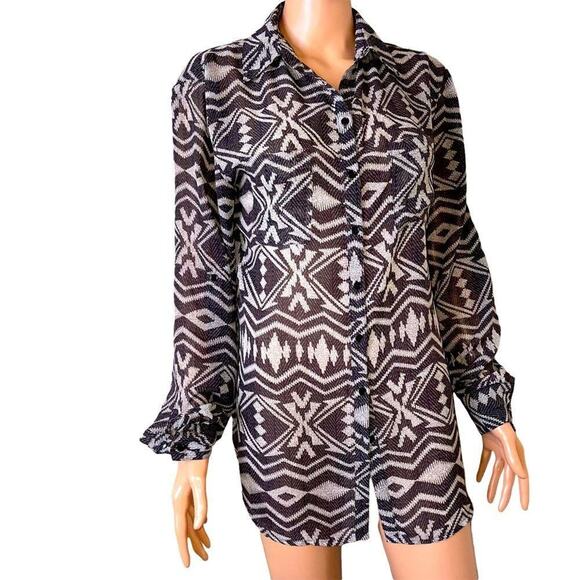 Kardashian Kollection blouse KK semi sheer button up aztec print top SZ XS - Picture 2 of 8